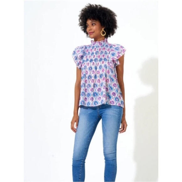 Oliphant Tops - Oliphant Pintuck Ruffle Floral Top, Iris Blue Large